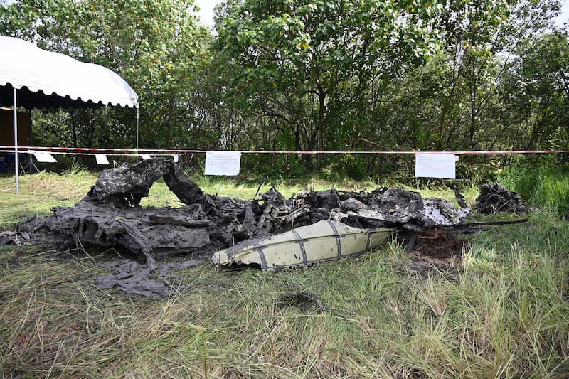 The wreckage of the plane in Chachoengsao province (Surat Sappakun/AP)