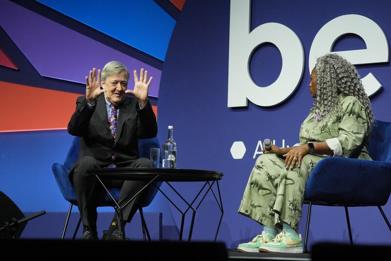 Sir Stephen Fry and Dr Anne-Marie Imafidon, chief executive of Stemettes, at the British Educational Training and Technology conference at ExCeL London