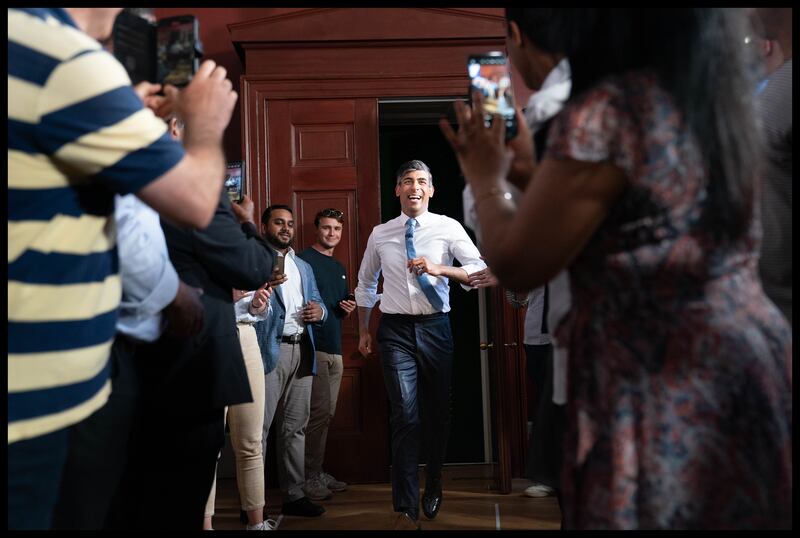 Former prime minister Rishi Sunak arrives to make a speech at an event at Petyt Hall, London, while on the general election campaign trail