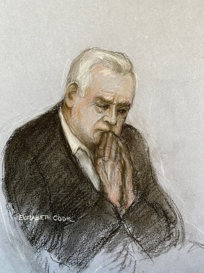 Court artist drawing by Elizabeth Cook of former BBC broadcaster Huw Edwards in the dock at Westminster Magistrates’ Court, London, during his sentencing