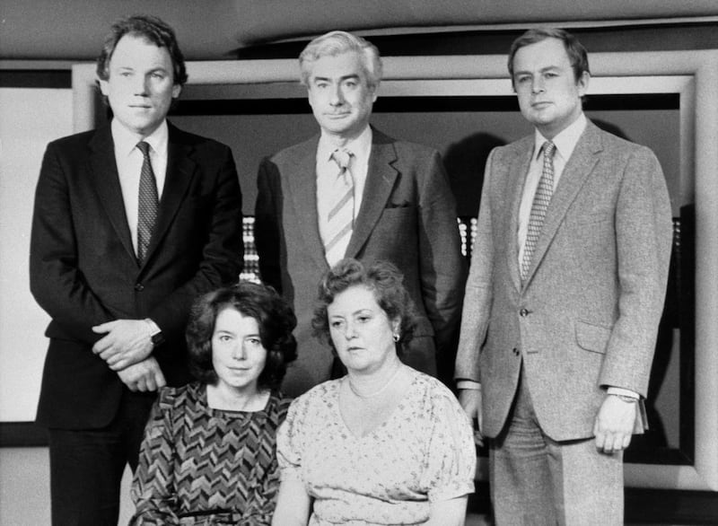 Front row, from left – Sue Tinson and Diana Edwards-Jones and back row, from left – Peter Sissons, Alastair Burnet and Martyn Lewis