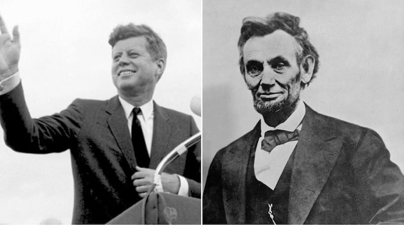 Split image with black and white portraits of JFK (left) and Abraham Lincoln (right).