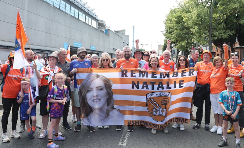 Natalie McNallly Family including brother Niall and Declan  arrive after a charity walk ahead of  Sunday’s All-Ireland SFC Final at Croke Park in Dublin. 
PICTURE COLM LENAGHAN