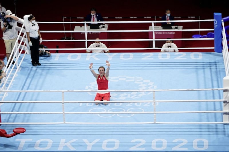 Ireland&#39;s Kellie Anne Harrington, after her women&#39;s lightweight 60-kg boxing gold medal match with Brazil&#39;s Beatriz Ferreira at the 2020 Summer Olympics, Sunday, Aug. 8, 2021, in Tokyo, Japan. (AP Photo/Frank Franklin II). 