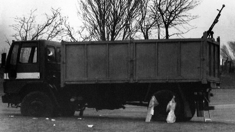 The lorry used to launch an attack on Coalisland RUC Station