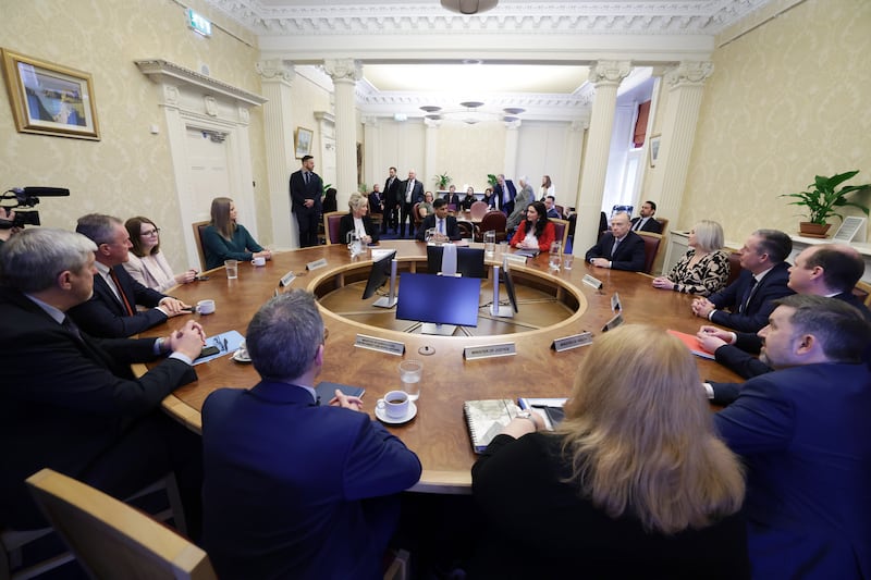 Prime Minister Rishi Sunak and Northern Ireland Secretary Chris Heaton-Harris meeting First Minister Michelle O'Neill, Deputy First Minister Emma Little-Pengelly, and members of the newly-formed Stormont Executive at Stormont Castle, following the restoration of the powersharing executive