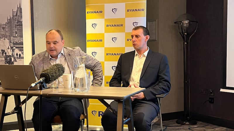 Ryanair’s chief marketing officer, Dara Brady (left), with Belfast International Airport chief executive Dan Owens (right), during a press event at Belfast’s Grand Central Hotel on Wednesday.