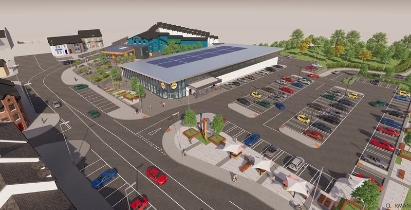 CGI impression of a supermarket and car park.