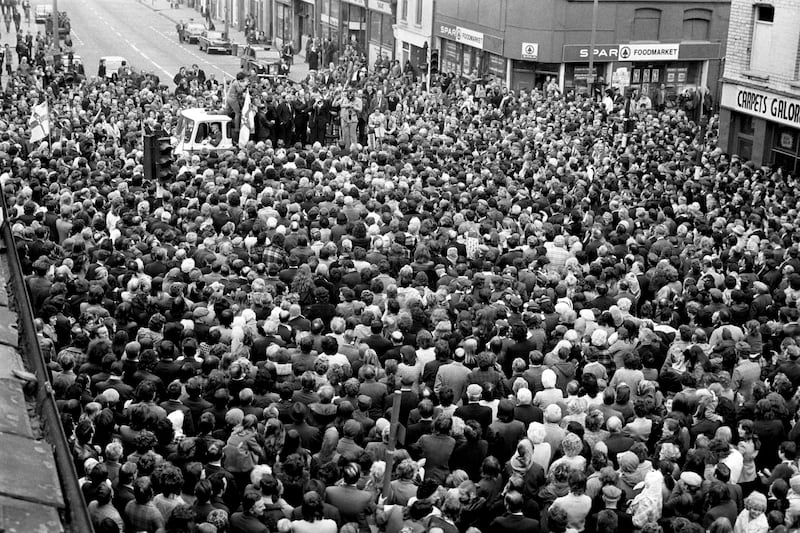 Ian Paisley addresses a mass gathering of supporters in the Shankill Road area of Belfast as the Ulster Workers' Council strike attempted to bring Northern Ireland to a standstill