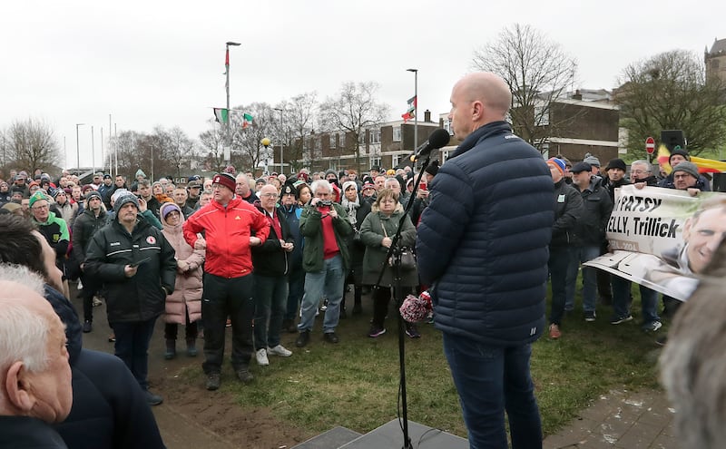 The families of Sean Brown and Patsy Kelly walk from Free Derry Corner to Celtic Park before the National Football League match with Derry taking on Tyrone. Gaels from across the country joined them in support of the Sean Brown and Patsy Kelly justice campaigns that are ongoing. The May 1 deadline will end the inquests. Picture Margaret McLaughlin  4-2-2024