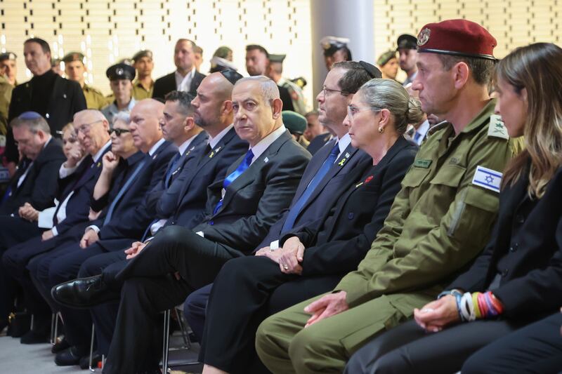Israel’s Prime Minister Benjamin Netanyahu and officials attend a ceremony marking Memorial Day (Gil Cohen-Magen/AP)