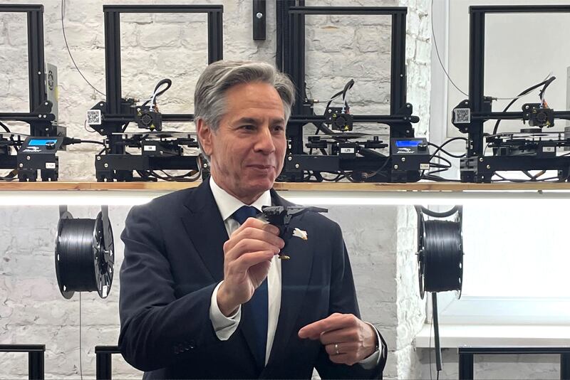 US secretary of state Antony Blinken holds a 3D-printed eagle during his visit to the Brave1 facility in Kyiv (Courtney McBride, Pool Photo via AP)