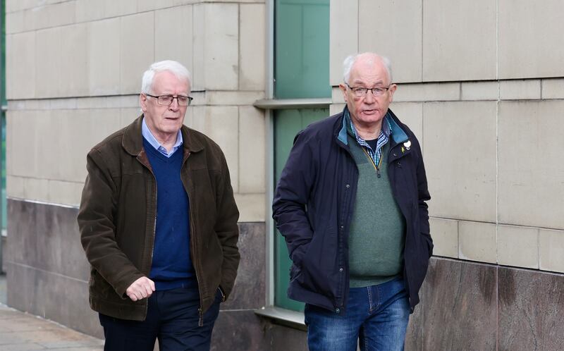 John Kelly (brother of Michael Kelly)
and Mickey McKinney (brother of William McKinney) arrive at Belfast Crown Court on Friday, as a No bill application is to be heard in Soldier F prosecution in relation to Bloody Sunday. 
PIC COLM LENAGHAN