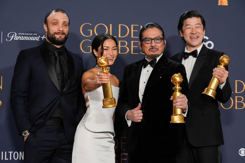 Cosmo Jarvis with Shogun stars and Golden Globe winners Anna Sawai, Hiroyuki Sanada and Tadanobu Asano (Chris Pizzello/AP)