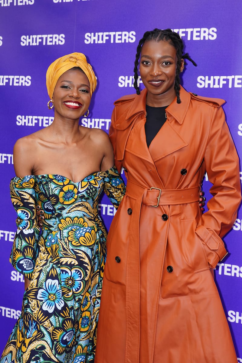 Benedict Lombe and Little Simz arriving for the West End premiere of Shifters at the Duke of York’s Theatre in London