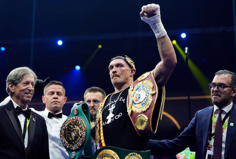 Oleksandr Usyk following the WBA, WBC, WBO, IBO World Heavyweight championship contest against Tyson Fury at the Kingdom Arena in Riyadh, Saudi Arabia