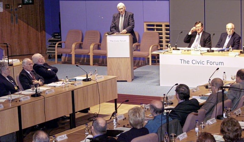 Seamus Mallon, then Deputy First Minister speaking to the members of the 60-strong Civic Forum at the first meeting in the Waterfront Hall in October 2000. 