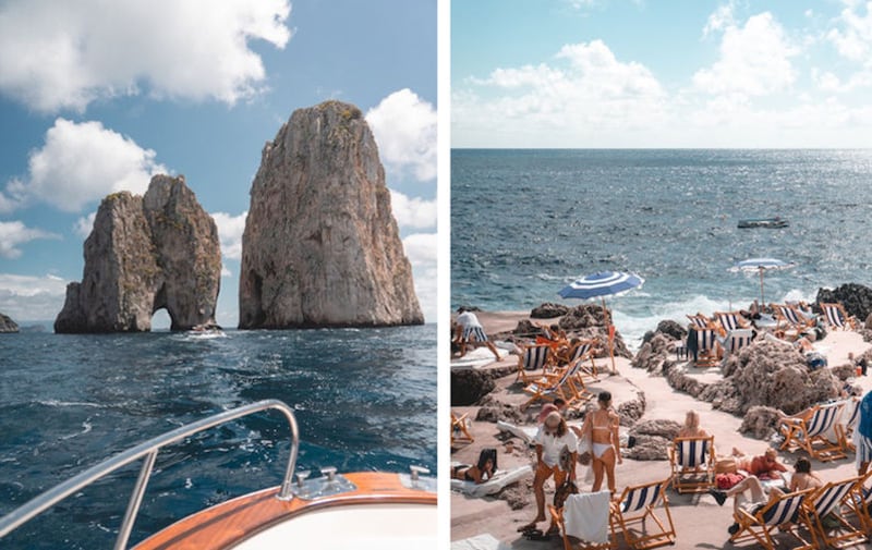 The brilliant blue Mediterranean Sea off Capri island (left) and one of Capri's iconic 'lidos' or beach clubs&nbsp;