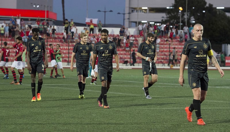 Celtic's players trudge off the pitch after last week's defeat to Lincoln Red Imps in Gibraltar 