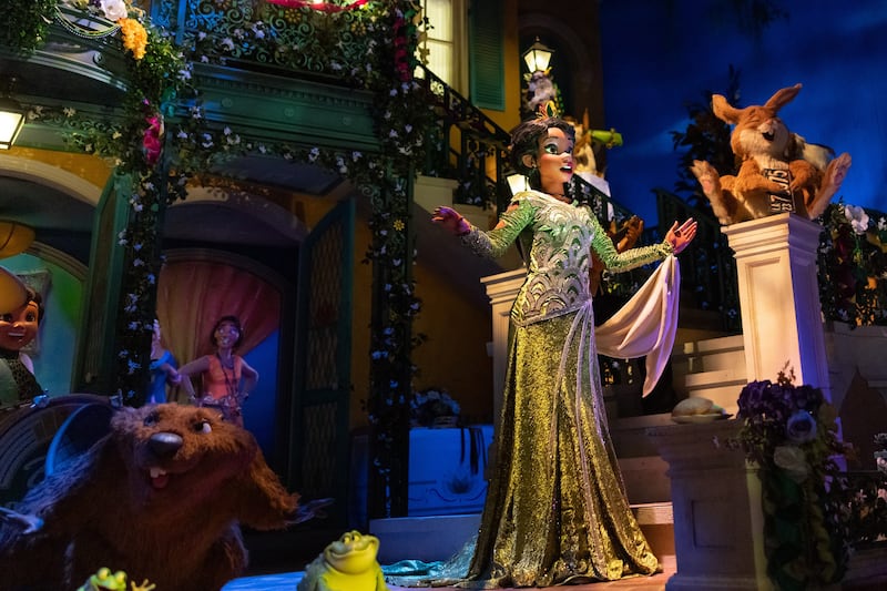 An animatronic of Tiana and her animal friends on the Tiana’s Bayou Adventure attraction at Walt Disney World in Florida