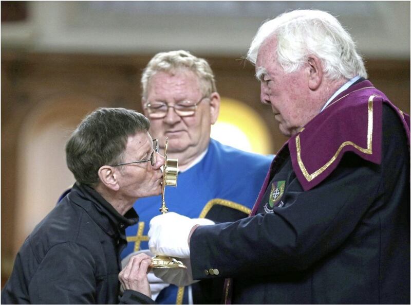 The Veneration of the Relic of St Teresa of Calcutta at St Patrick&#39;s Church in Belfast, where it was last week. The &#39;first-class&#39; relic of Mother Teresa is on a two-month journey around Ireland, organised by the Knights of St Columbanus, before reaching its permanent home in Newry Cathedral in August. Picture by Hugh Russell. 