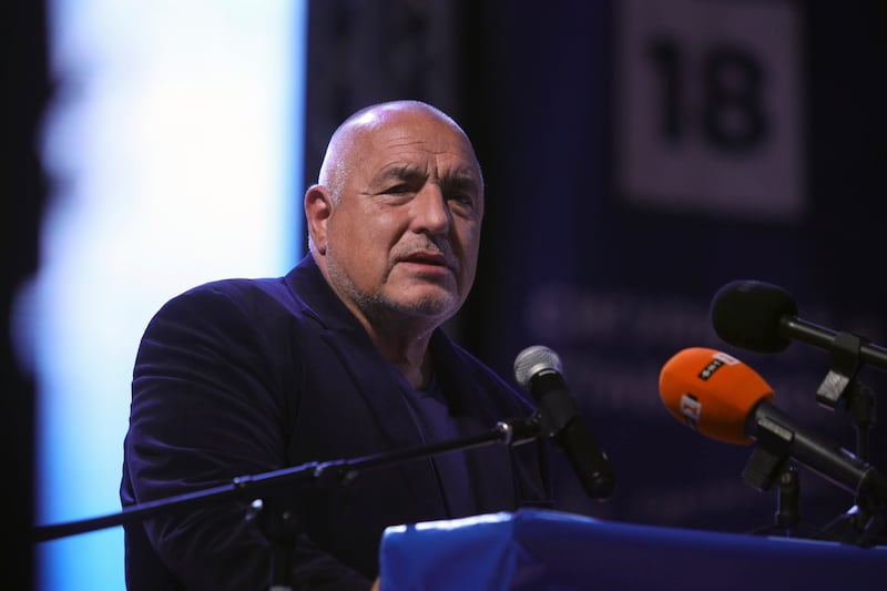 Leader of GERB party, former Prime Minister Boyko Borissov, speaks in front of supporters (AP/Valentina Petrova)