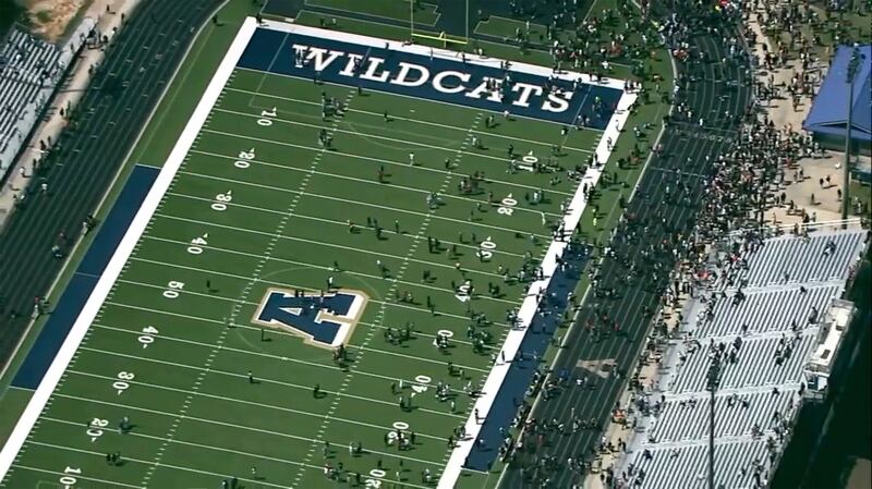 Students were evacuated to a football stadium after the campus was placed on lockdown at Apalachee High School in Winder, Georgia, on Wednesday (WSB via AP)