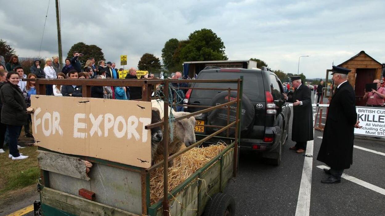Anti-Brexit protesters erect a replica customs post on the border at Carrickcarnan on the Louth-Armagh border earlier this month 