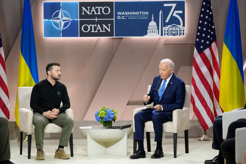 President Joe Biden speaks during a meeting with Ukraine’s President Volodymyr Zelensky (Susan Walsh/AP)