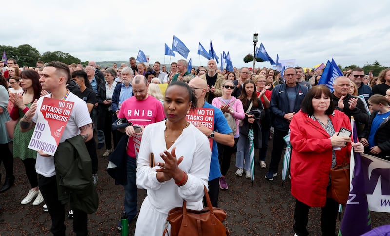 The Irish Congress of Trade Unions held a protest ‘Stand Against Racism’ at Parliament Buildings, Stormont. 
PICTURE COLM LENAGHAN