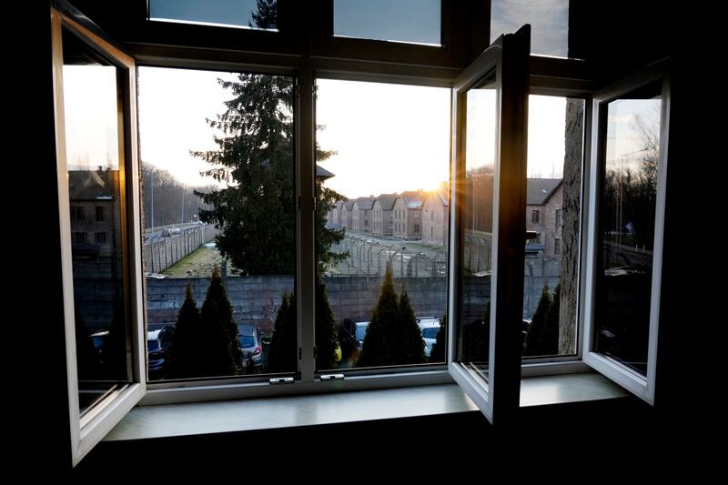 A view of the Auschwitz-Birkenau State Museum can be seen from the former house of the camp commandant (Czarek Sokolowski/AP)