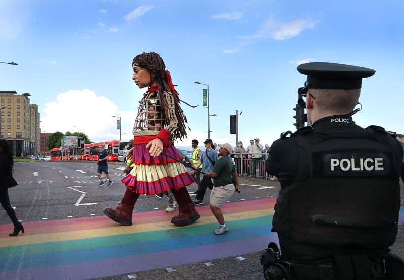 Little Amal during her visit to Derry on Monday. Picture Margaret McLaughlin  20-5-2024