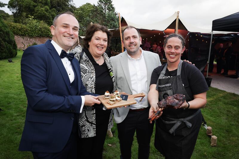 Pictured at Brook Hall's walled garden (L-R): Mario Breban-McDonald, Tully Mill; Paula McIntyre, chef and chair of the Irish Food Writers’ Guild; Gary Quate, Tourism NI; and Emily McCorkell, Wild and Fired.