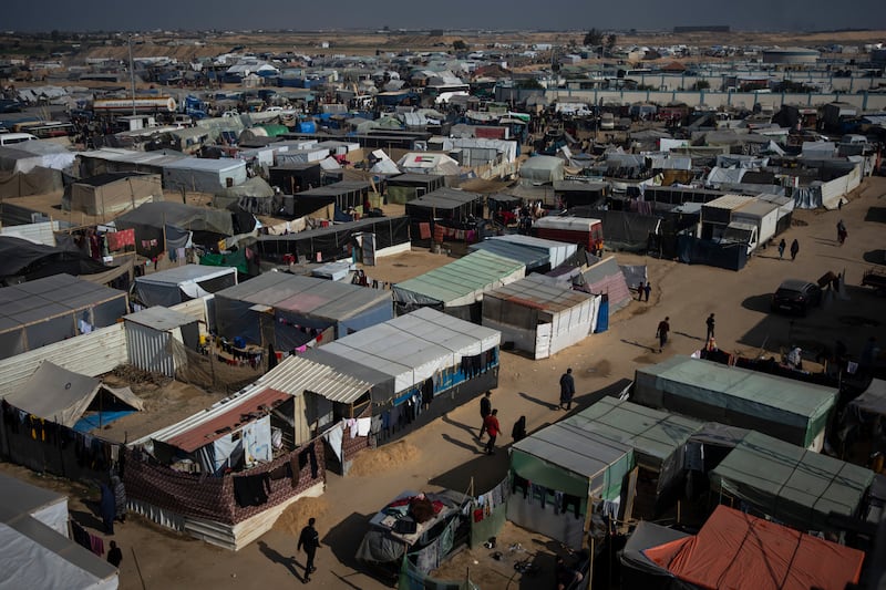 The makeshift tent camp where Palestinians displaced by the Israeli bombardment of the Gaza Strip are staying (Fatima Shbair/AP)