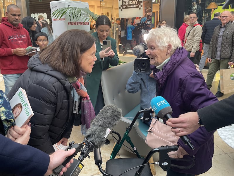 Sinn Fein leader Mary Lou McDonald speaks to members of the public as she canvasses in the Swords Pavilions Shopping Centre, Co Dublin