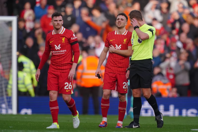 Liverpool’s Diogo Jota (centre) will miss the RB Leipzig clash with bruising sustained against Chelsea on Sunday