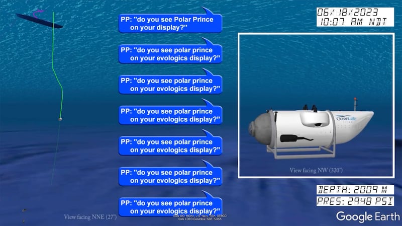 In a still from from a video animation provided by the United States Coast Guard an illustration of the Titan submersible, right, is shown near the ocean floor as communications between the submersible and the support vessel Polar Prince are represented at left (United States Coast Guard via AP)