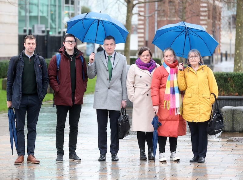 Conchur Ó Muadaigh, Pádraig Ó Tiarnaigh Conradh na Gaeilge, Solicitor Gavin Booth, Bróna Haughey Sinn Féin Councillor, Roisin Ní Ágáin-Fontes, Iris Hagan arrive at te High Court in Belfast where legal action has begun against Armagh Banbridge and Craigavon Borough Council because it has refused to erect an Irish street sign in Portadown's Woodside Hill. PICTURE: MAL MCCANN