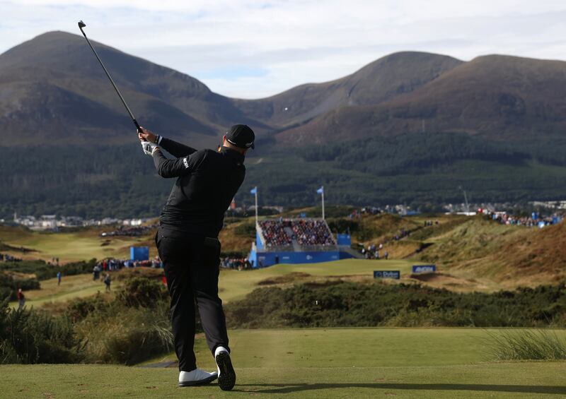 Shane Lowry tees off during day two of the Amgen Irish Open 2024 at Royal County Down