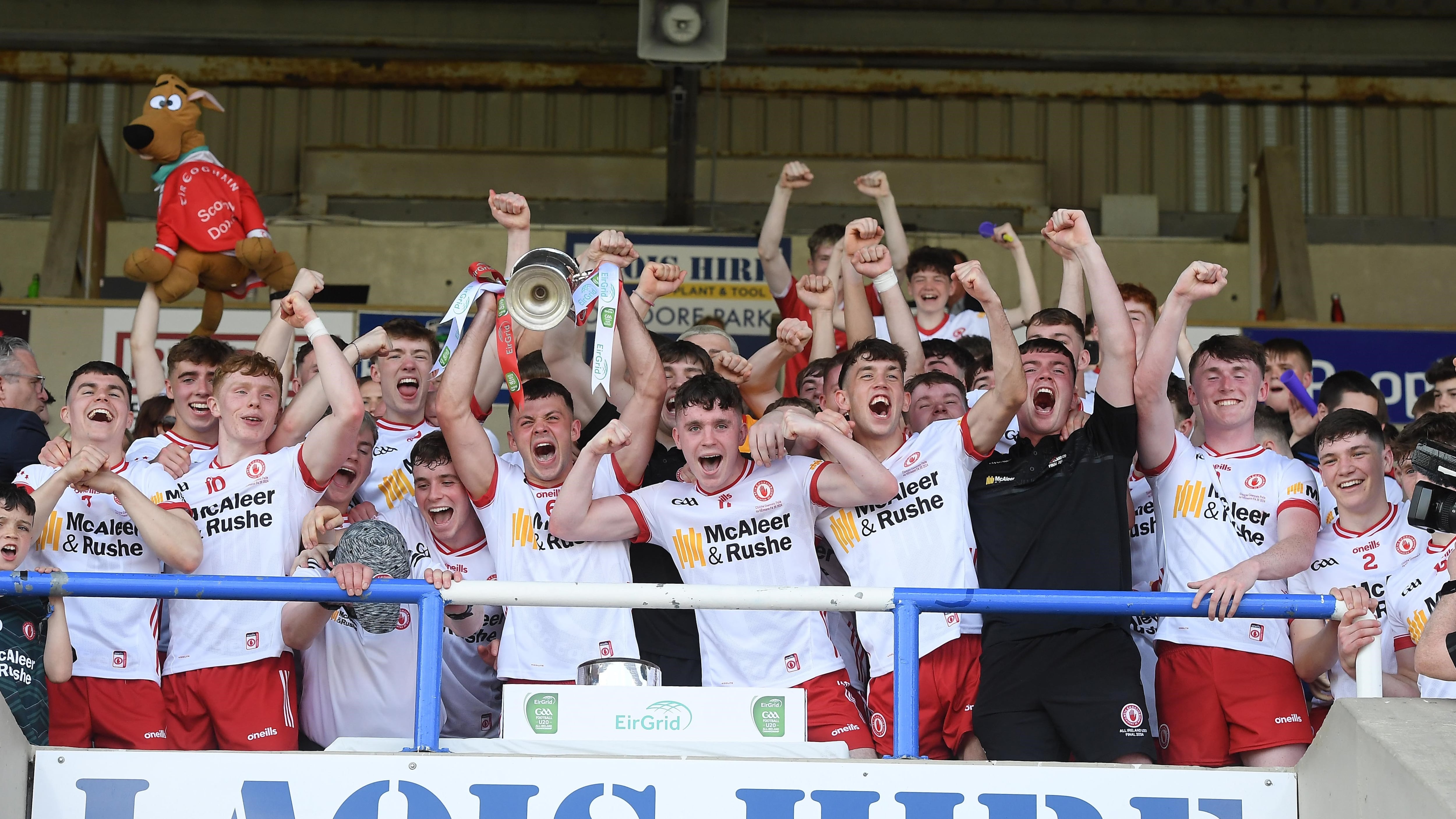Tyrone players celebrate with the trophy after their win over Kerry in the All-Ireland U20 Football Championship final at Portlaoise on Sunday              Picture: Oliver McVeigh