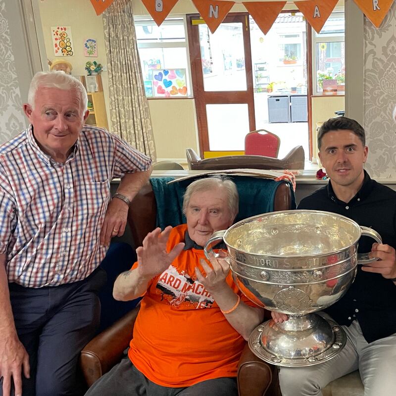 Stefan Campbell and Jimmy Smyth took the Sam Maguire to visit Brian Seeley after Armagh's victory over Galway