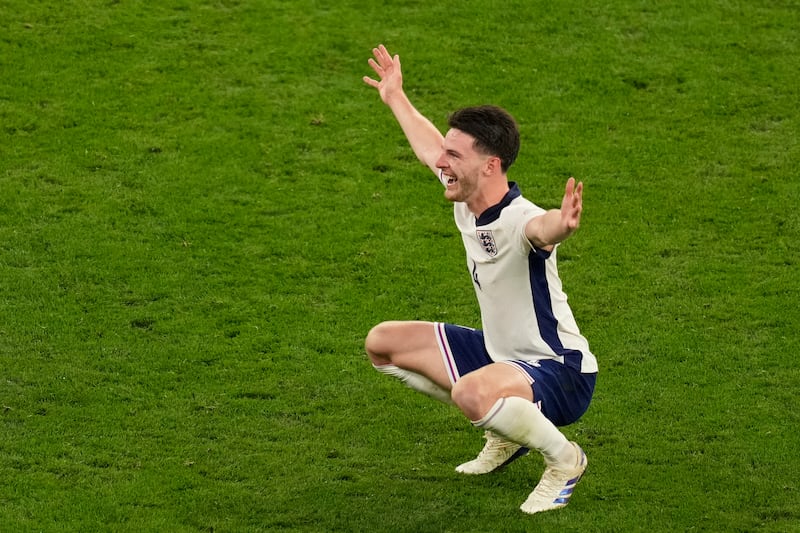 England’s Declan Rice celebrates at the end of the win over the Netherlands. (Andreea Alexandru/AP)