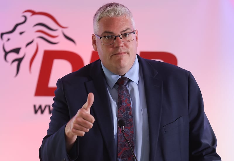 DUP Leader Gavin Robinson during the party manifesto launch at Harland & Wolff Welders Football Club Stadium in East Belfast.
PICTURE COLM LENAGHAN