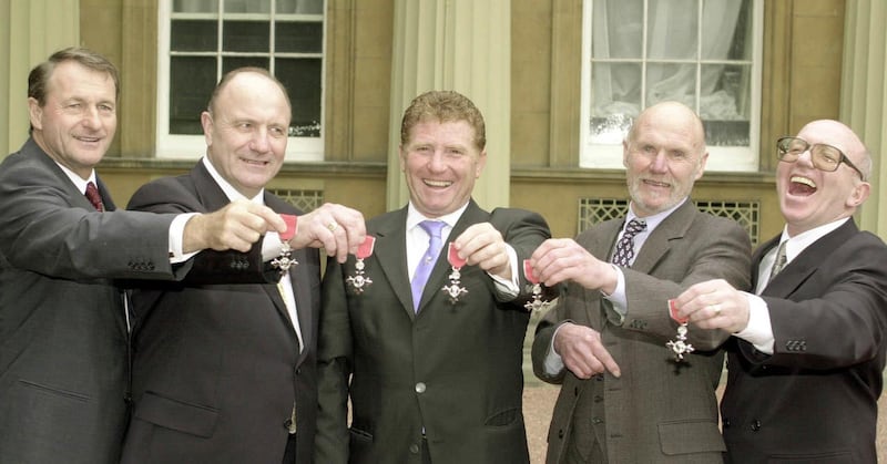 Alan Ball, centre, became an MBE in 2000 alongside fellow World Cup winners, left to right, Roger Hunt, George Cohen, Ray Wilson and Nobby Stiles