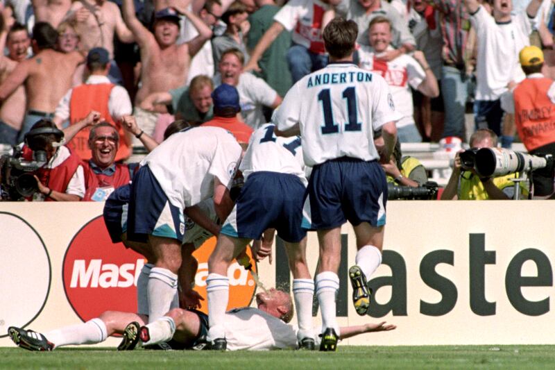 Paul Gascoigne and England team-mates re-enact the ‘dentist chair’ after scoring against Scotland