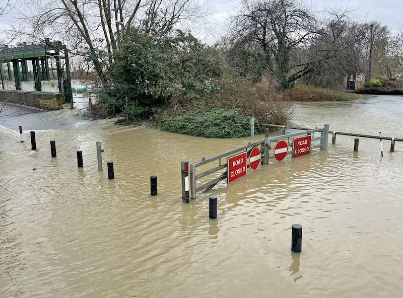 Handout photo taken with permission from the X feed of James Beech of flooding on Mill Lane between St Neots and Little Paxton, Cambridgeshire, following heavy rainfall