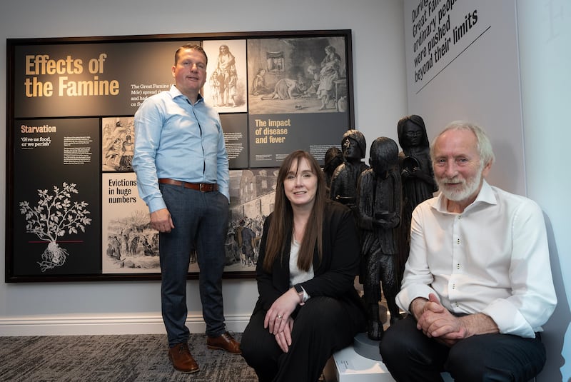 Dermot Friel, Cathy O'Neill and Kieran Tuohy sculptor at the launch of Gorta, Swatragh’s Famine Story visitor centre