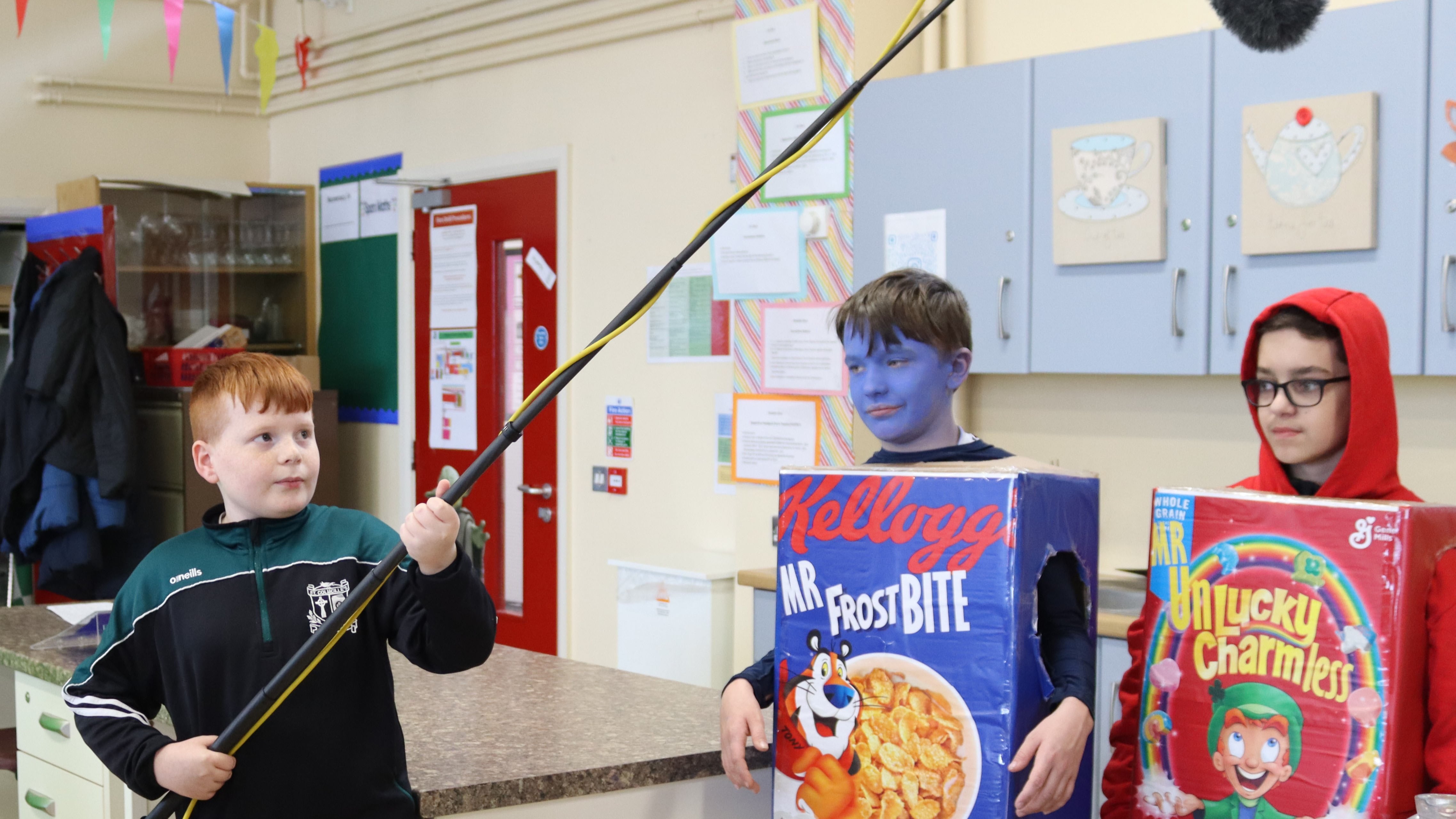 Children from St Colmcille’s High School working on their film 'Cereal Killers'