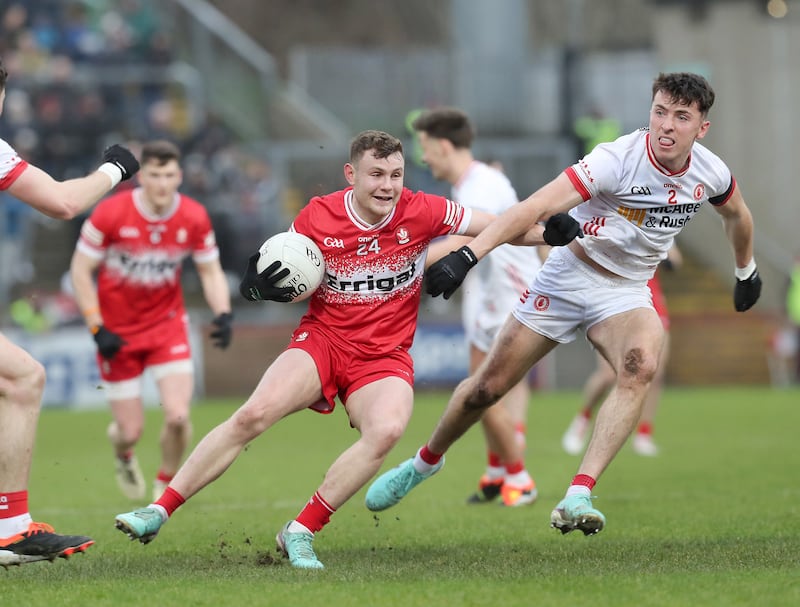 Cormac Murphy takes on Conall Devlin during Derry's win over Tyrone in Celtic Park. Picture: Margaret McLaughlin