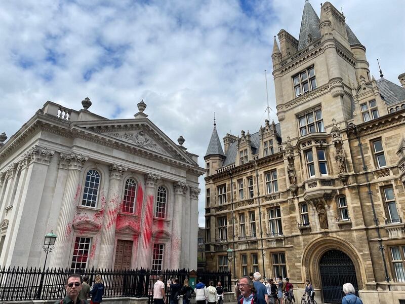 Senate House after pro-Palestinian protesters sprayed red paint on the historic building at the University of Cambridge